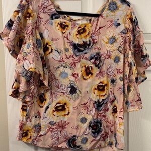Maurices Floral Ruffle Sleeve Blouse - Pink, Yellow, Black